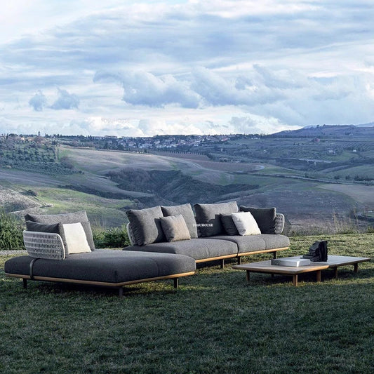The elegant rope woven to create outdoor garden furniture like villa patio. Sunproof Outdoor Teak Coffee Table Set