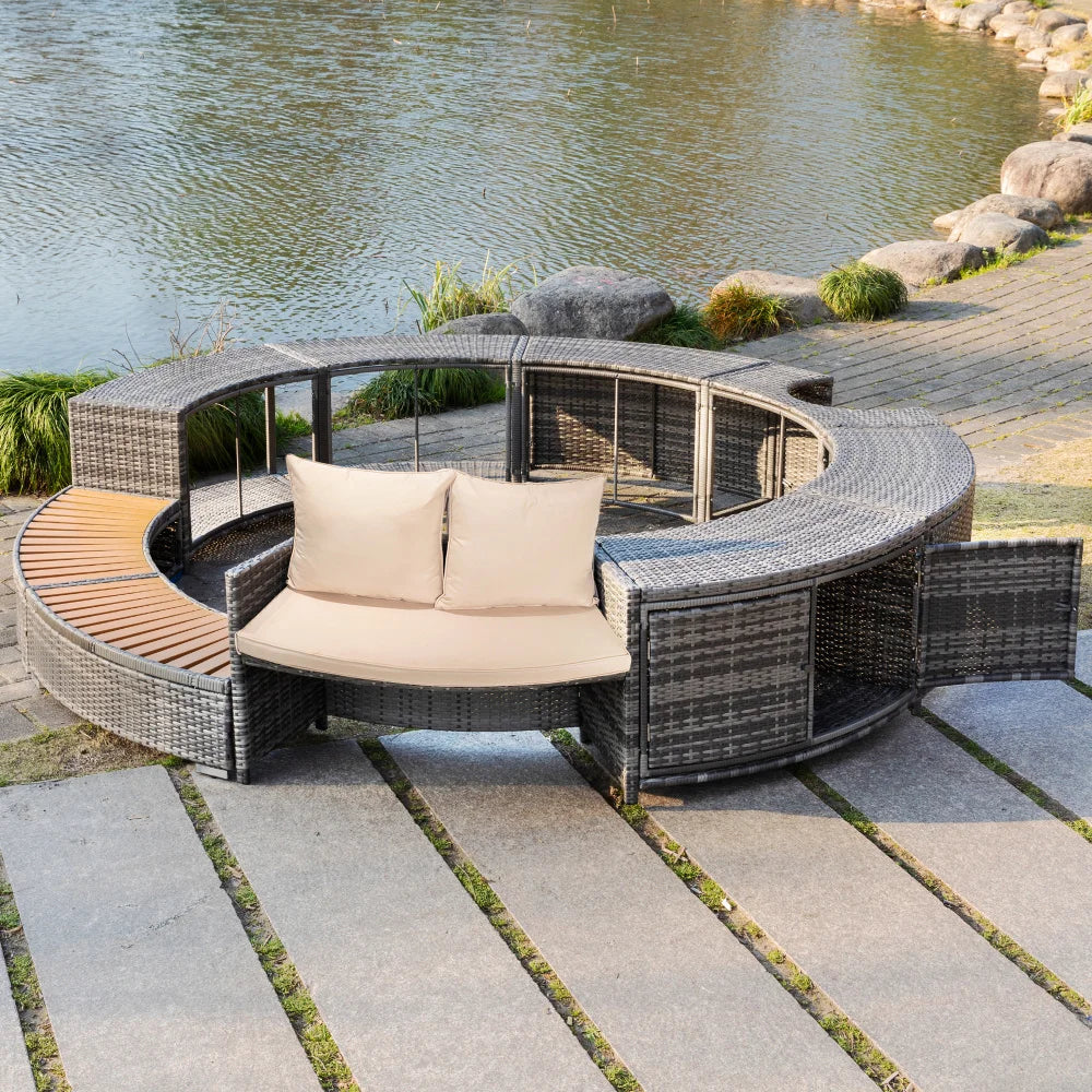 Hochwertige Spa-Pool-Gartenmöbel aus grauem PE-Rattan und Akazienholz mit Stauraum.