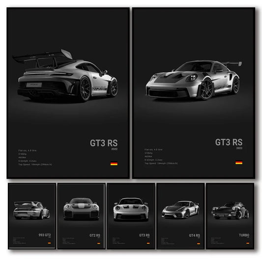 Pop Black and White German Luxury Sports Car Poster Wall Art 911 GT3 RS Turbo