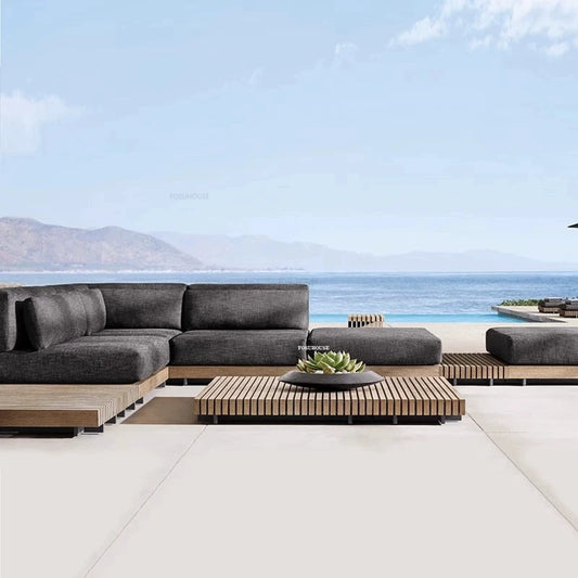 Nordic Patio Outdoor Sofas Light Luxury Garden Furniture Solid Wood Villa Set Waterproof Sunscreen Balcony Leisure Deck Chair