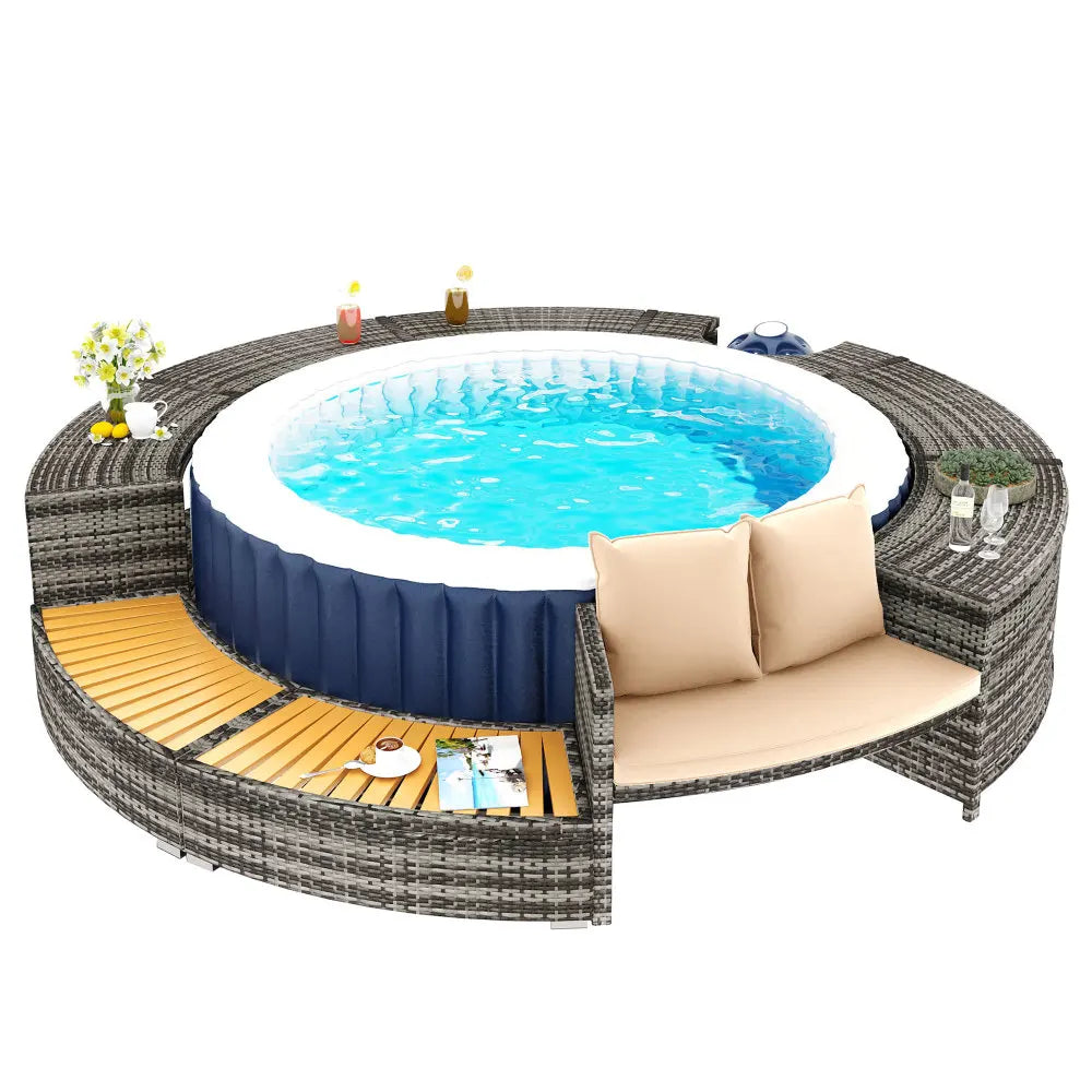 Hochwertige Spa-Pool-Gartenmöbel aus grauem PE-Rattan und Akazienholz mit Stauraum.